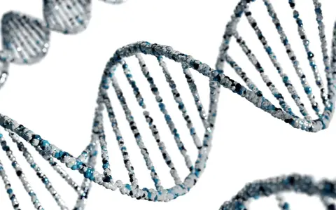 Model DNA z niebieskimi i białymi elementami na białym tle.