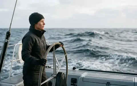 Une femme au gouvernail, concentrée sur la mer agitée. Elle sait comment prendre les vagues en bateau, naviguant avec assurance.