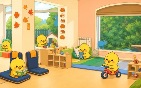 Des poussins mignons jouent dans une garderie colorée, l'un lit, l'autre sur un tricycle.
