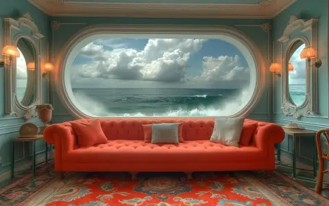 Un canapé orange vif face à une fenêtre ovale offrant une vue spectaculaire sur l'océan, un trompe l'oeil pour agrandir une pièce.