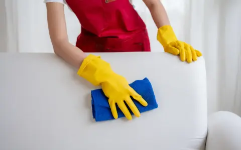 Mains gantées de jaune nettoient un canapé en cuir blanc, redonnant son éclat à ce meuble autrefois très sale.