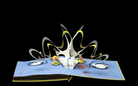Libri pop-up più belli: un'esplosione di forme astratte bianche, gialle e arancioni su pagine blu.