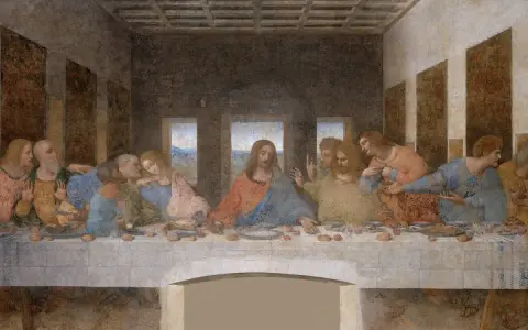 Ostatnia Wieczerza. Jezus i apostołowie przy stole, każdy z nich ma swoje imiona, choć nie są podpisane.