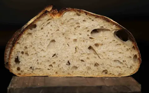 Schnitt eines rustikalen Pain au Levain mit luftiger Krume und knuspriger Kruste.