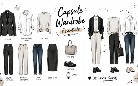 A capsule wardrobe features a blazer, button-down shirt (a type of blouse), knit top, trousers, denim, skirt, tote, loafers, and watch.