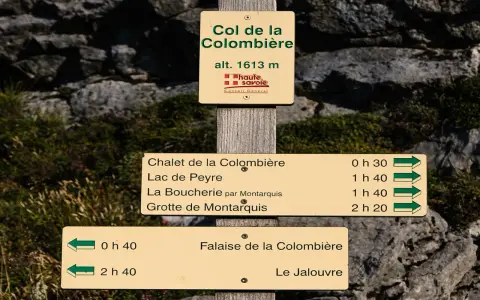 Panneau indicateur au Col de la Colombière (alt. 1613m), indiquant des sentiers et leurs temps de parcours. Un dénivelé est la différence d'altitude entre deux points.