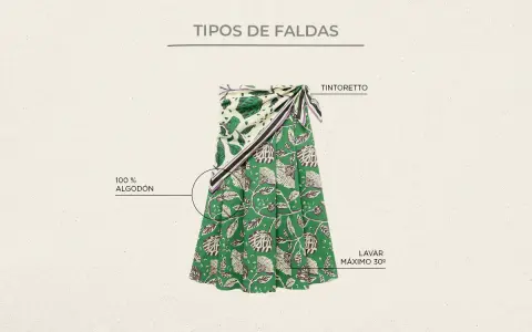 Falda envolvente de algodón 100% con estampado floral en verde y blanco. Explora diversos tipos de faldas para tu guardarropa.