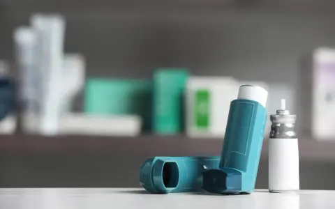 Zwei Inhalatoren, einer davon mit einem silbernen Behälter, liegen auf einer weißen Oberfläche. Sie sind wichtige Hilfsmittel bei der Behandlung von COPD, wo Cortison oft eine Rolle spielt.