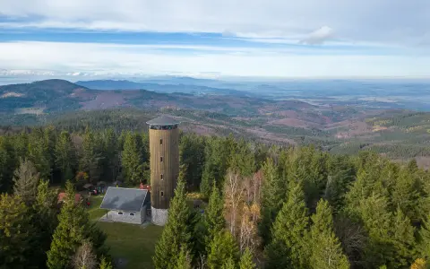 Wieża widokowa na borówkowej górze pośród gęstego lasu. Rozległa panorama krajobrazu.