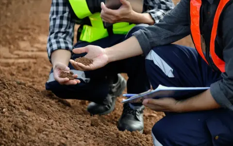 Pracownicy w kamizelkach odblaskowych analizują próbki ziemi, wykonując badania geotechniczne gruntu.