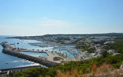 Vista panoramica del porto turistico di Santa Maria di Leuca, in provincia di Lecce, con numerose barche ormeggiate e la città bianca sullo sfondo.