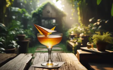 Złocisty drink w kieliszku, ozdobiony papierowym samolocikiem, na tle bujnej, zielonej scenerii.