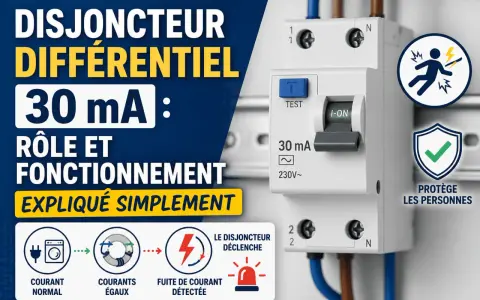 Disjoncteur différentiel 30 mA protégeant des fuites de courant. Il détecte le courant résiduel pour la sécurité des personnes.