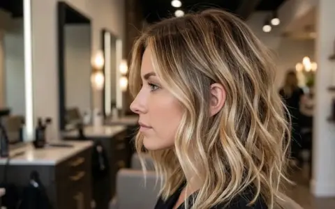 Mujer con cabello rubio ondulado y un hermoso **esfumado de raíz** que le da un look natural y moderno.