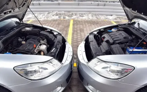 Dwa silniki samochodowe, jeden z napisem TDI (diesel), drugi bez widocznego oznaczenia, stoją obok siebie. Dylemat: diesel czy benzyna?