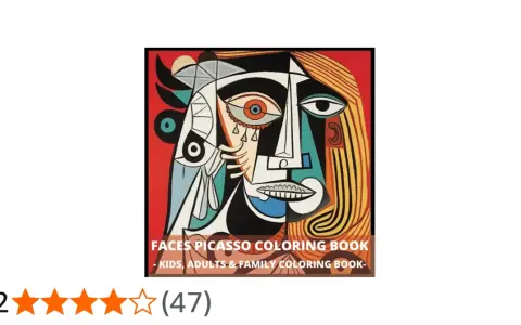 En färgglad bokomslag med kubistiska ansikten, inspirerade av Picasso målningar. Perfekt för alla som älskar konst.