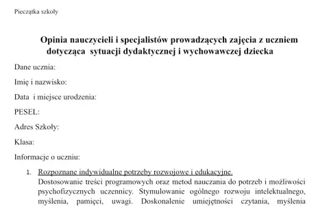 Opinia o uczniu do poradni, zawierająca dane ucznia i informacje o jego potrzebach rozwojowych i edukacyjnych.