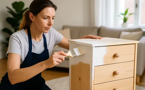 Donna dipinge un mobile in legno con una mano di cementite senza carteggiare, trasformando il mobile con facilità.