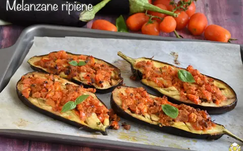 Melanzane ripiene senza carne, un piatto gustoso e colorato, pronte per essere infornate.