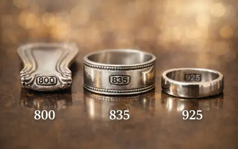 Tre anelli in argento, con punzoni 800, 835 e 925. Il 925 è il più puro, simile all'oro.