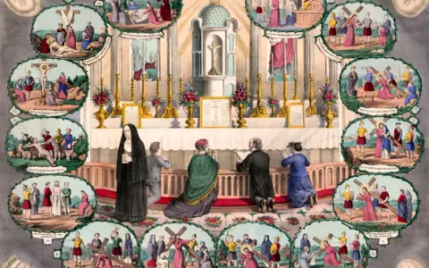 Catholic Stations of the Cross depicted around an altar, showing Jesus' journey to crucifixion.
