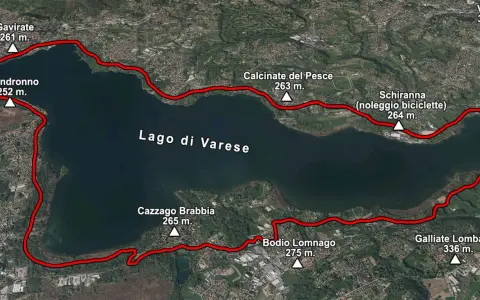 Percorso ciclabile attorno al **lago di Varese**, con indicazioni per Bardello, Gavirate, Biandronno, Calcinate del Pesce, Schiranna, Cazzago Brabbia, Bodio Lomnago e Galliate Lombardo.