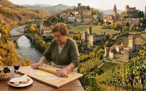 Nonna prepara la pasta con vista sui 5 borghi più belli dell'Emilia Romagna, tra castelli e vigneti autunnali.