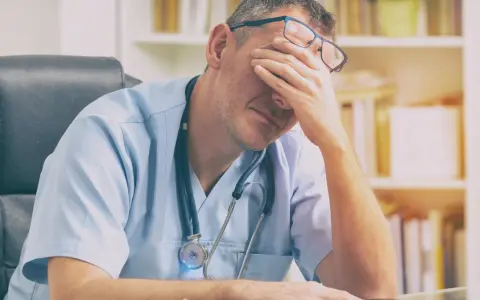 Zmęczony lekarz w okularach z ręką na czole. Czy lekarz może odmówić przyjęcia pacjenta w takiej sytuacji?