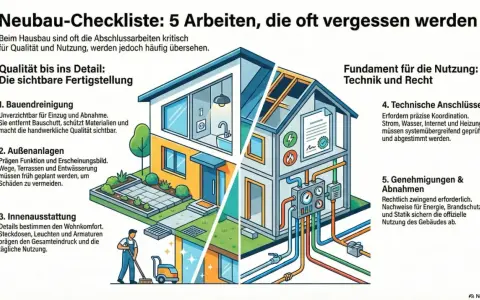Checkliste für den Hausbau: 5 oft vergessene Arbeiten. Illustration zeigt Haus mit Details wie Reinigung, Außenanlagen, Innenausstattung, Technik und Genehmigungen.