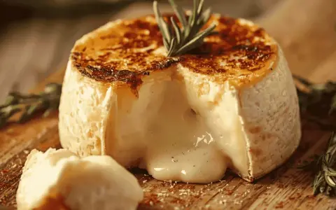 Camembert coulant, doré et gratiné, tout juste sorti de l'air fryer. Un délice crémeux à déguster avec une branche de romarin.