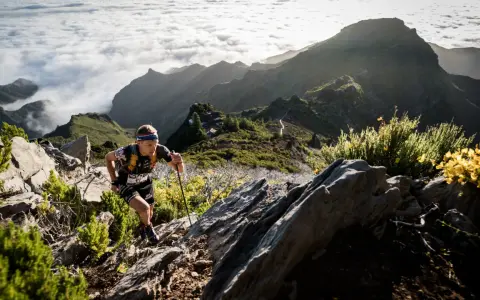 Läufer kämpft sich auf Madeira bergauf, vorbei an Felsen und gelben Ginsterbüschen, mit Wolkenmeeren und schroffen Gipfeln im Hintergrund.