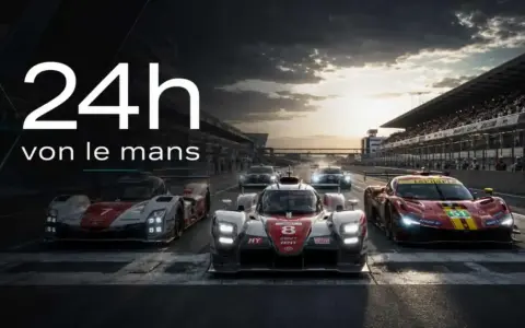 Le Mans Autos: Mehrere Rennwagen stehen bereit für das 24-Stunden-Rennen. Die Sonne geht unter und wirft lange Schatten auf die Rennstrecke.