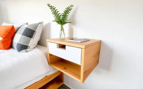 Mesita de noche flotante de madera clara y blanca, ideal para quienes buscan ideas de como hacer una mesita de noche moderna y funcional.