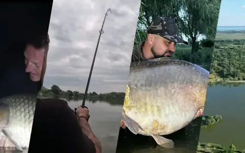 Wędkarz z potężnym karpiem, widok na jezioro i las. Sprawdź euro aqua cennik dla najlepszych wędkarskich przygód.
