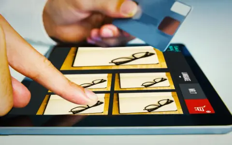 Palec wybiera okulary na tablecie, a ręka trzyma kartę płatniczą. Zastanawiasz się, czy na Steam można płacić Blikiem?