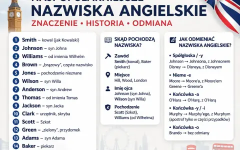 Najpopularniejsze oryginalne angielskie nazwiska: Smith (kowal), Johnson (syn Johna), Williams, Brown, Jones, Wilson, Anderson, Thomas, Jackson, Clark, Scott, Green, Adams, Baker.