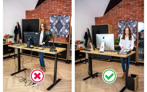 Feng shui schreibtisch: Chaos mit Kabeln (links) vs. Ordnung und Harmonie (rechts). Ein aufgeräumter Arbeitsplatz fördert Energiefluss und Wohlbefinden.