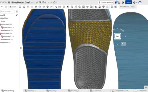 Onshape interface showing 3D shoe model design, a prime example of the best 3D CAD software for complex assemblies.
