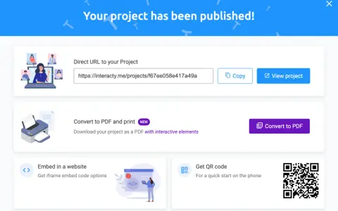 Il tuo progetto è pronto! Condividi la tua storia e crea memory online con un link, PDF o QR code.