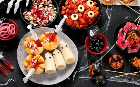 Gruselige Halloween Snacks: Frucht-Geister, Popcorn-Blut, Spinnennetz-Donuts und mehr. Perfekt für eine schaurig-schöne Party!