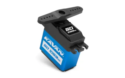 Ein blau-schwarzes Servo mit der Aufschrift "KAVAN GO 1053MG". Ähnlich wie bei einem **Sanwa**-Servo ist dies ein wichtiges Bauteil für RC-Modelle.