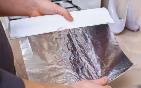 Ręce trzymają biały dozownik z folią aluminiową. Zastanawiasz się, która folia aluminiowa strona do pieczenia? Ta błyszcząca strona odbija ciepło.