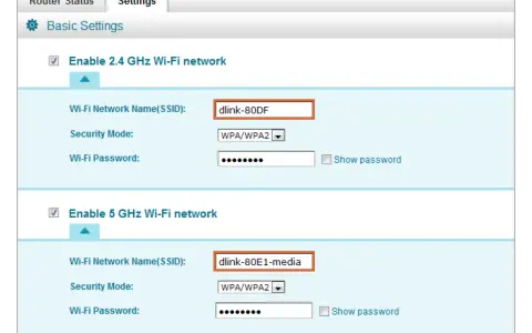 Router-Einstellungen: Wi-Fi-Netzwerkname (SSID) für 2,4 GHz ist "dlink-80DF", für 5 GHz ist "dlink-80E1-media".