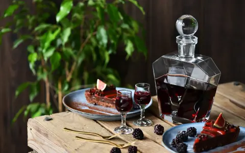 Ciemny likier lub nalewka w karafce i kieliszkach, obok czekoladowego ciasta z owocami i jeżynami.