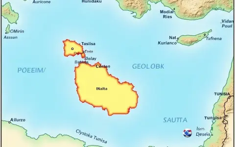 Mapa pokazuje, gdzie leży Malta, między Tunezją a Włochami, z zaznaczonymi wyspami i miastami.