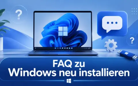 FAQ zu Windows neu installieren: Laptop mit Windows 11, USB-Stick und Chat-Symbol. Ideal für Fragen zu Windows 10 ARM.