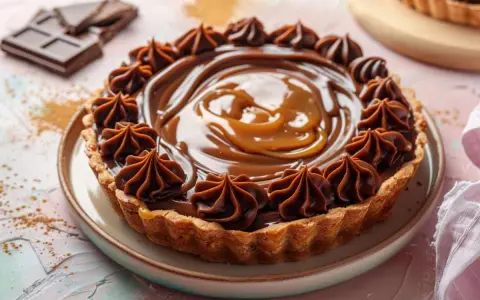 Une délicieuse tarte chocolat légère, garnie de crème onctueuse et de rosettes de chocolat, prête à être dégustée.