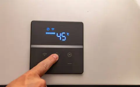 Dito, un dito preme il pulsante di un pannello digitale che mostra l'indicatore temperatura scaldabagno a 45°C, con icone Wi-Fi e di riscaldamento attive.