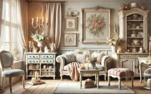 Salotto in stile shabby chic arredamento: divano, comò azzurro, armadio, quadri floreali, candele e tessuti morbidi creano un'atmosfera romantica.