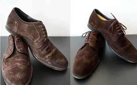 Brązowe buty zamszowe przed i po farbowaniu. Odświeżanie wyglądu obuwia.